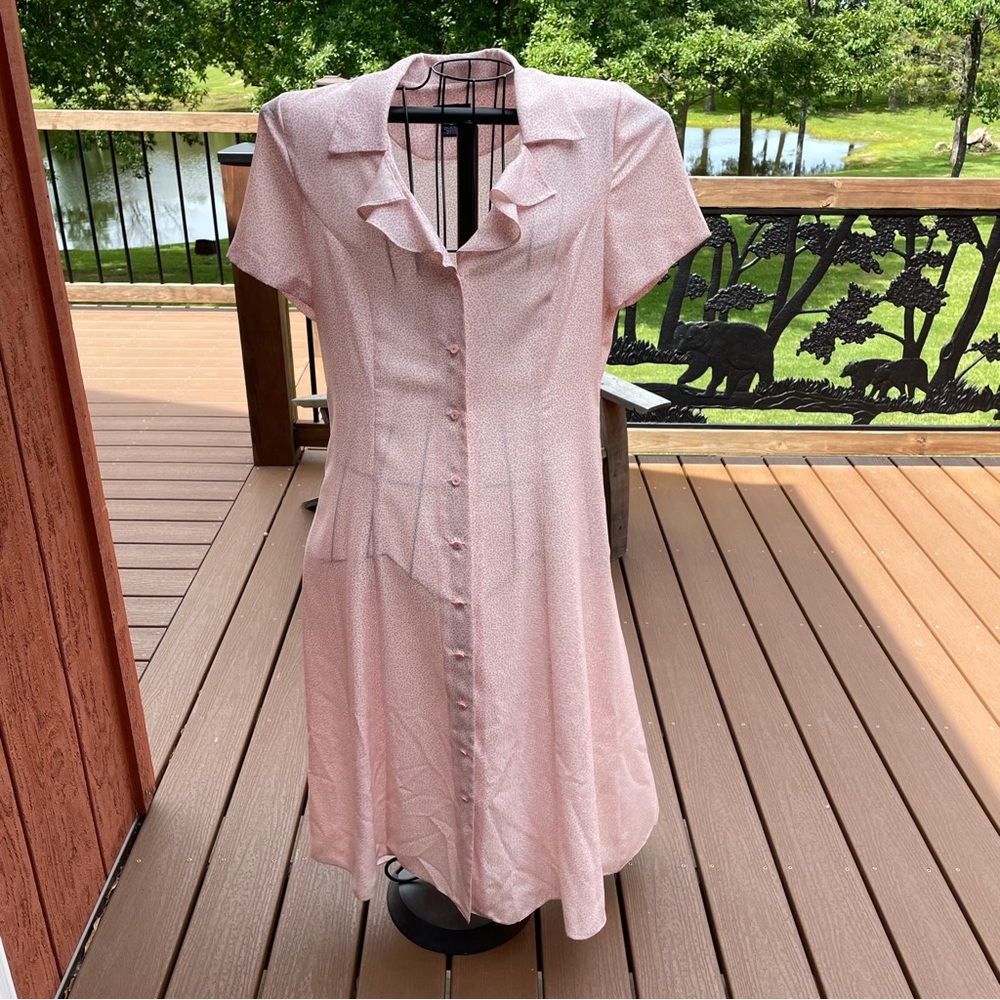 Womens Pink & White Modest Midi Dress Sz 14P Button Front Spring Vtg Leslie Fay
